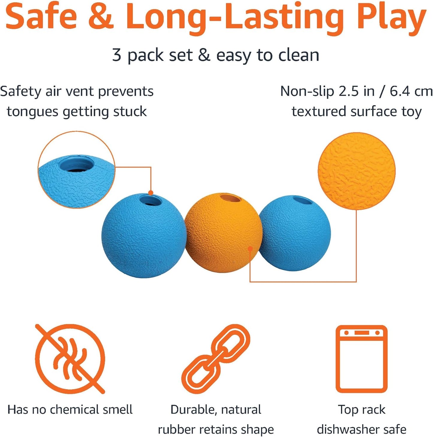 Set of 3 Rubber Dog Balls for Fetch, 6.35 cm, in Blue and Orange